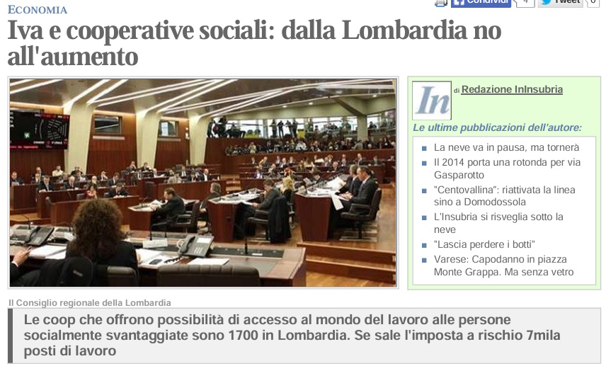 INSUBRIA - Iva e cooperative sociali: dalla Lombardia no all'aumento
